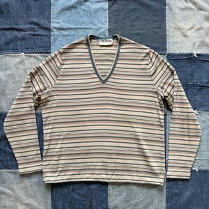 70s VTG Devon striped knit long sleeve shirt v-neck teal & tan fits size M/L